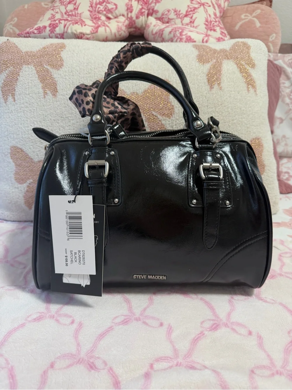 Steve Madden Black Patent Leather Satchel with Leopard Scarf